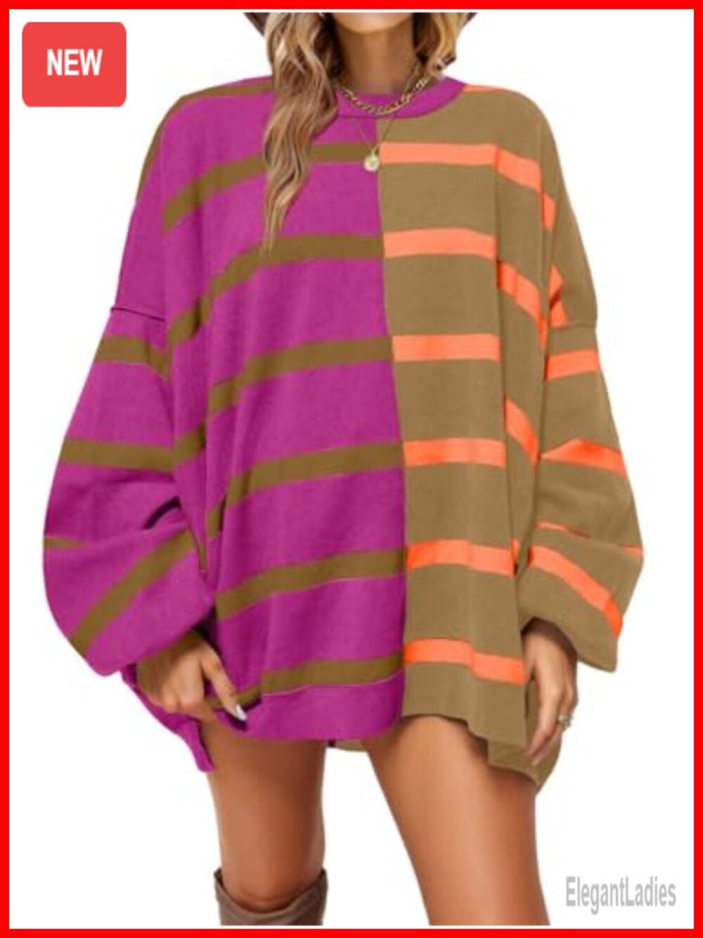 Womens Striped Pullover Sweater Crew Neck Long Sleeve Loose Knit